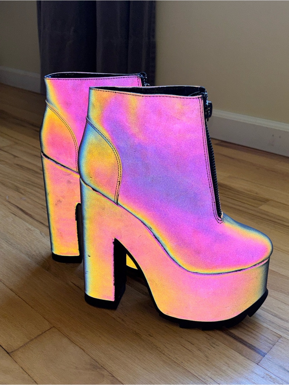 Iridescent Flash-Reactive Platform Ankle Boots